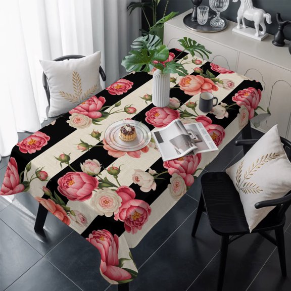 Flower Stripes Table Cloth Waterproof Tablecloths, Black White Geometric Pink Rose Floral Tablecloth Dining Table Cover for Kitchen Party Tabletop Outdoor, Rectangle Tablecloth 60x120 Inch