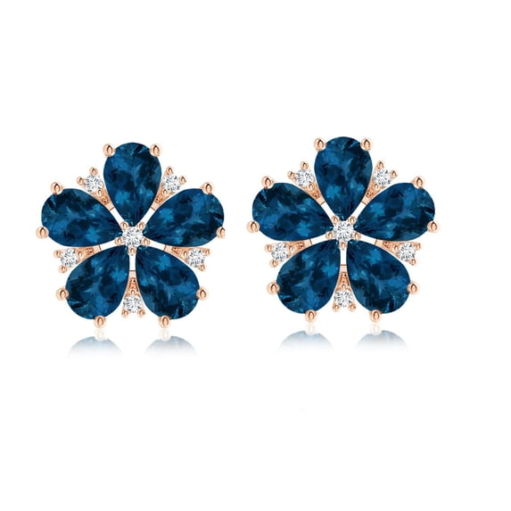 Flower Stud 6X4 MM Pear London Blue Topaz 925 Sterling Silver Rose Plated Dainty Earring