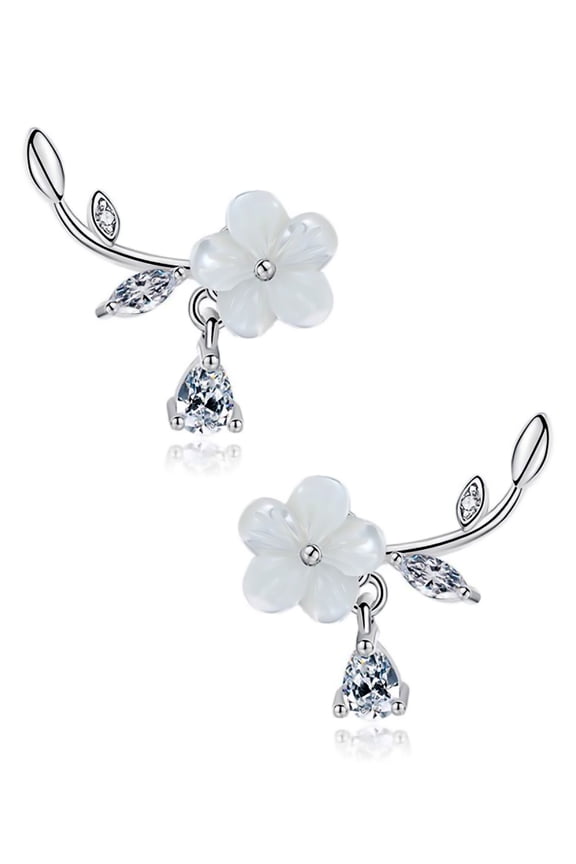 Flower Stud Earring 18k White Gold Overlay Cubic Zirconia Natural Shell Branch Earring for Women