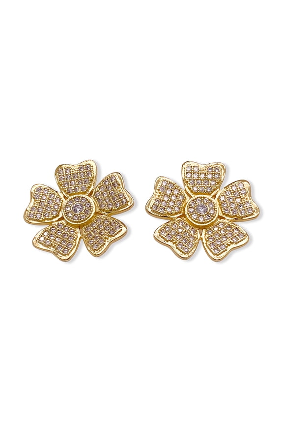 Flower Stud Earrings Pave Set Petals 10k Yellow Gold Finish CZ Glitz Design