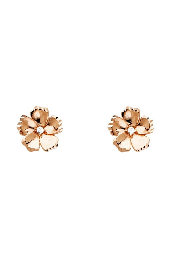 Flower Stud Earrings Solid 14k Rose Gold CZ Floral Studs Post Diamond Cut Polished Fancy Small 9 mm