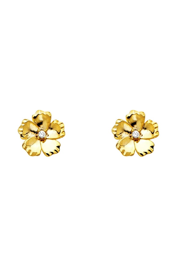 Flower Stud Earrings Solid 14k Yellow Gold CZ Floral Post Studs Daisy Diamond Cut Stylish Fancy 9 mm
