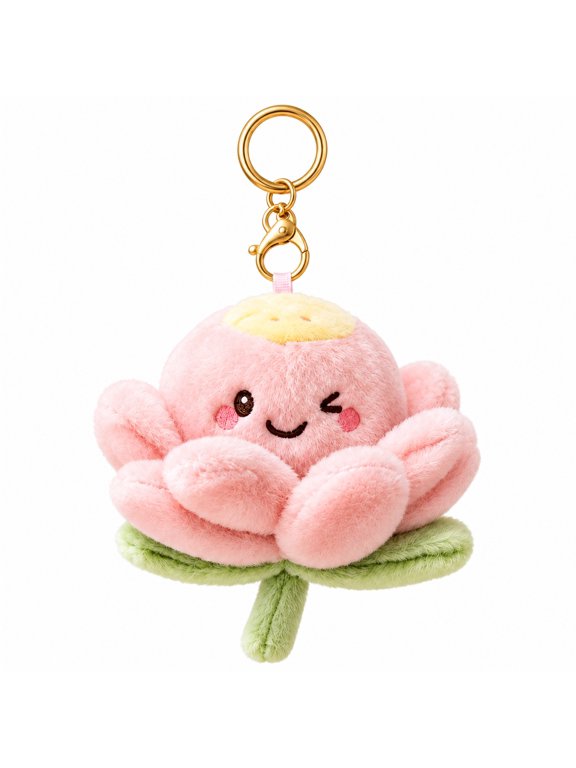 Flower Stuffed Animal Keychain, Cute Small Pink Plush Lotus Backpack Buddy Charm, Soft Winking Mini Plush Keyring for Girls and Plant Lovers, Party and Birthday Gift