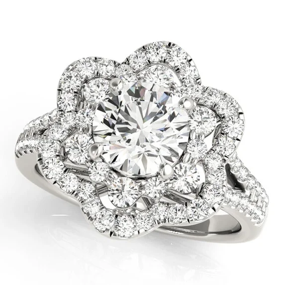 Flower Style Engagement Ring, 14K White Gold Plated, Double Halo Wedding Ring, 2.1 CT Round Brilliant Cut Simulated Diamond, Anniversary Gifts For Her, Cluster Diamond Ring