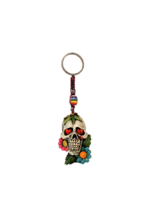 Flower Sugar Skull Gothic 3D Figurine Keychain Multicolored Macramé Metal Ring - Handmade Gifts Boho Car Keys Bag Accessories