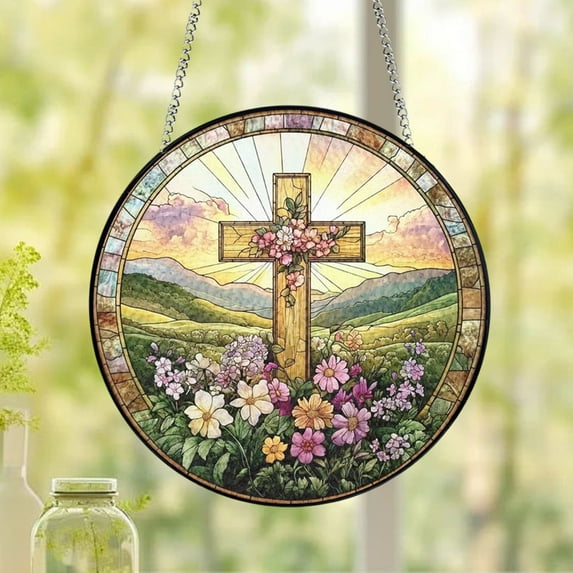 Flower Suncatcher Faux Stained Glass Window Hanging - Christ Wall Art with Bible Verse, Religious Home Decor Gift for Holidays & Special Occasions