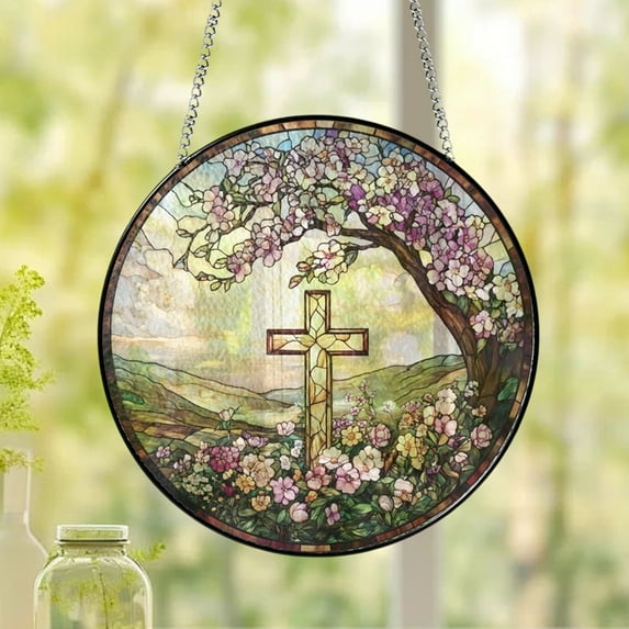 Flower Suncatcher Stained Glass Window Hanging, Religious Wall Art with Bible Verse, Easter Gift for Home Church Decor