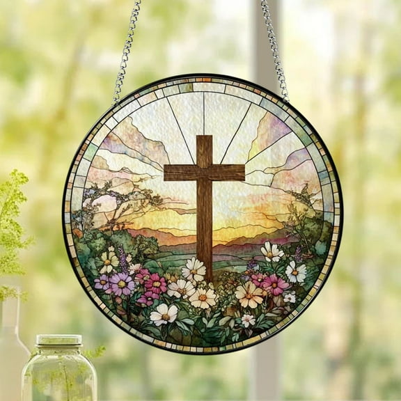 Flower Suncatcher under $5! Ke1Clo Faux Stained Glass Window Hanging for Christ Wall Art Religious Bible Verse Gift Home Decor