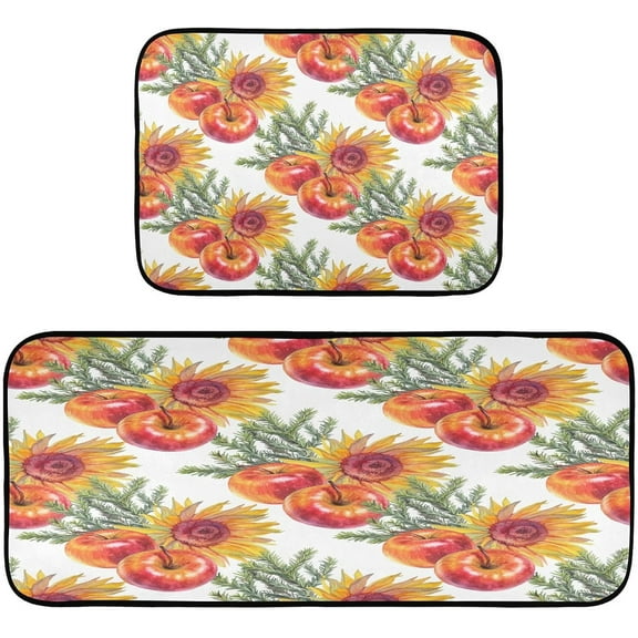 Flower Sunflower Apple Kitchen Rugs Set of 2, Fir Pine Tree Floor Mat Runner Rug Washable Non Slip Washable Standing Mat Home Office Seasonal Decor Rug