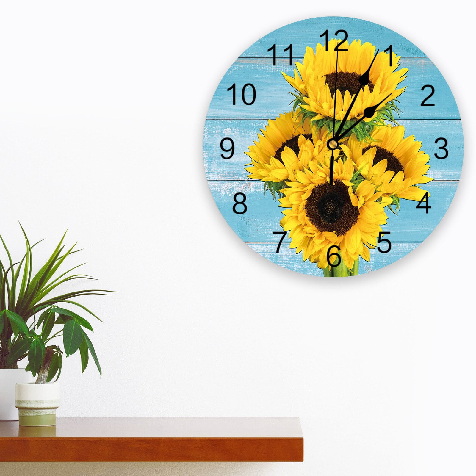Flower Sunflower Blue Wood Grain Wall Clock Bedroom Silent Wall Digital