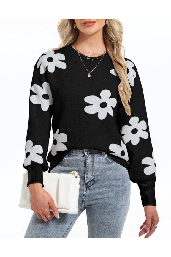 Flower Sweaters for Women Elegant Floral Printed Crew Neck Sweater Loose Cute Puff Sleeve Junior Back to School Pullover Sweater Shermie