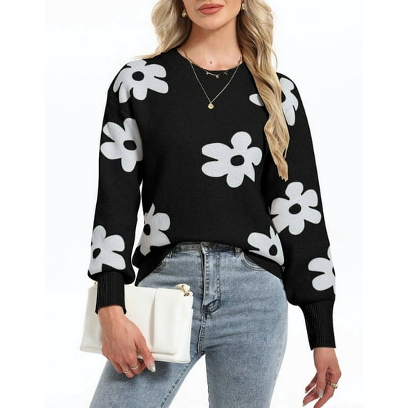 Flower Sweaters for Women Elegant Floral Printed Crew Neck Sweater Loose Cute Puff Sleeve Junior Back to School Pullover Sweater Shermie