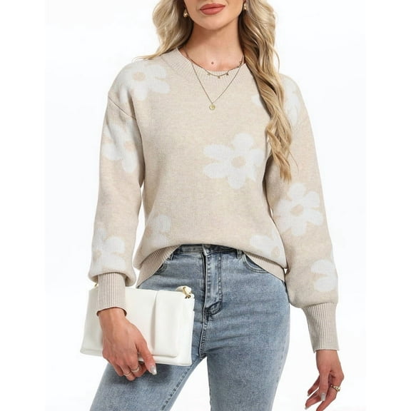 Flower Sweaters for Women Elegant Floral Printed Crew Neck Sweater Loose Cute Puff Sleeve Junior Back to School Pullover Sweater Shermie
