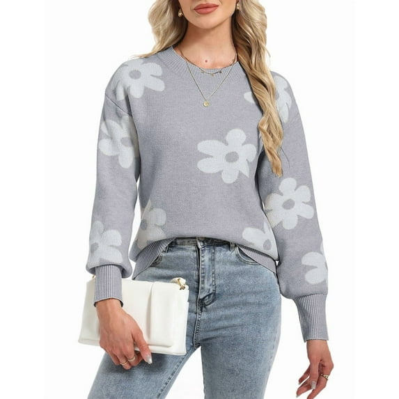 Flower Sweaters for Women Elegant Floral Printed Crew Neck Sweater Loose Cute Puff Sleeve Junior Back to School Pullover Sweater Shermie