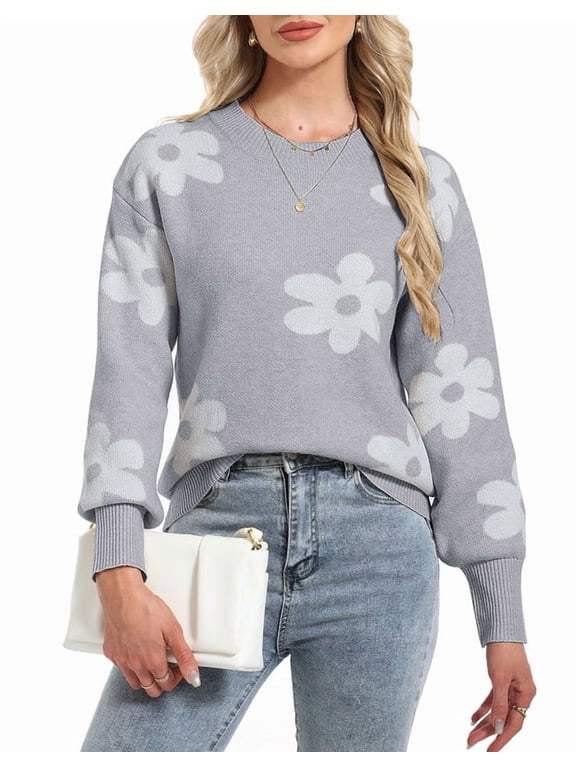Flower Sweaters for Women Elegant Floral Printed Crew Neck Sweater Loose Cute Puff Sleeve Junior Back to School Pullover Sweater Shermie
