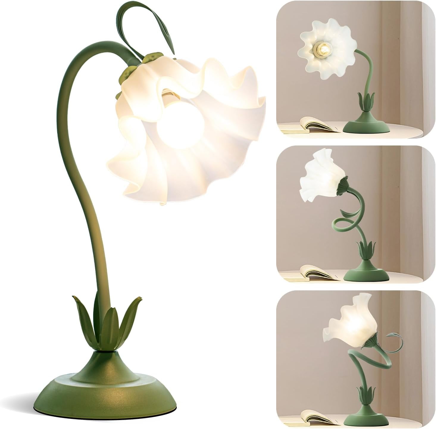 Flower Table Lamp, Cute LED Reading Bedside Night Light, 3 Color Modes Vintage Desk Lamp, Kawaii Aesthetic Decor for Dorm Bedroom Living Room