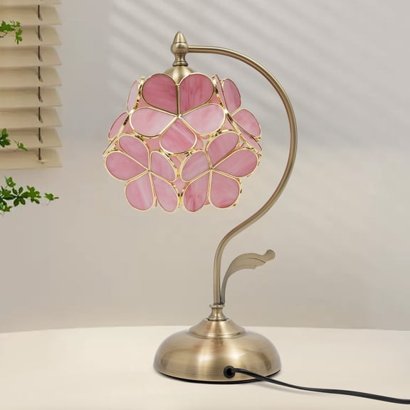 Flower Table Lamp, Floral Shape Desk Light, Stained Glass Table Lamp(Pink + Bronze), (Light Source Not Included)