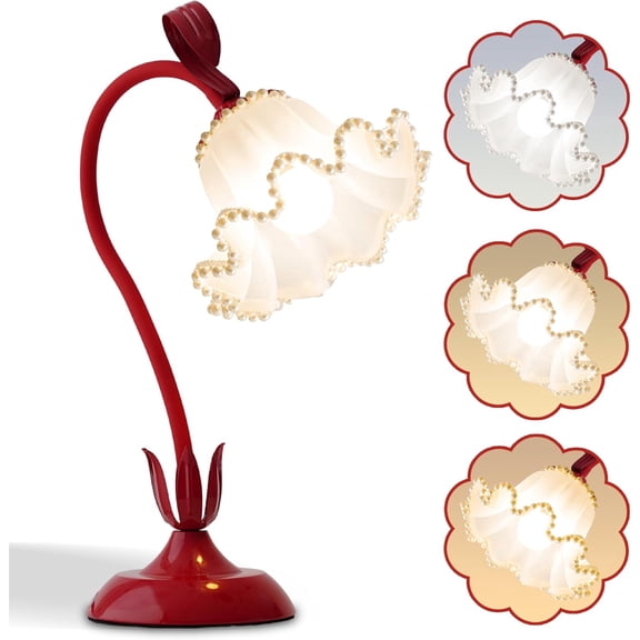 Flower Table Lamp,LED Reading Light Bedside Vintage Flower Night Light,3 Colors Modes Kawaii Bedside Lamps Decor,Living Room Bedroom Room Lighting Table Lamps Home Decoration (Red Pearls)
