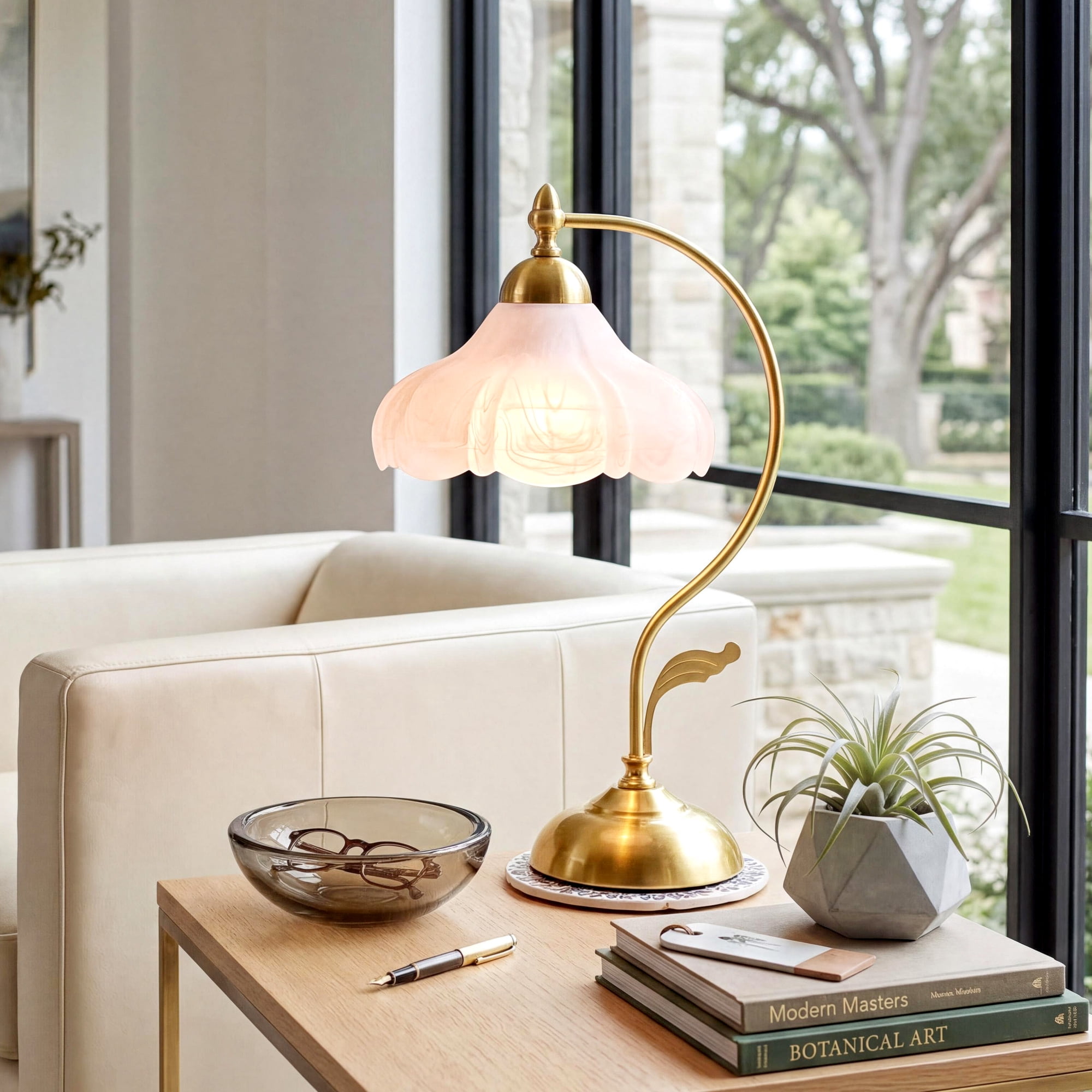 17.32" Gold Metal Table Lamps with Glass Petal Shade Vintage Flower Night Lamps Desk Lamps for Home Deco