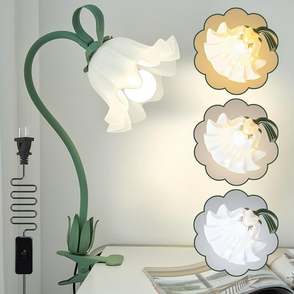 Flower Table Lamp, Vintage Flower Night Light with Clamp & 26E Bulb, 3 Colors LED Reading Bedside Light, Flexible Gooseneck Book Light for Living Room Bedroom Room Home Decoration (Green)