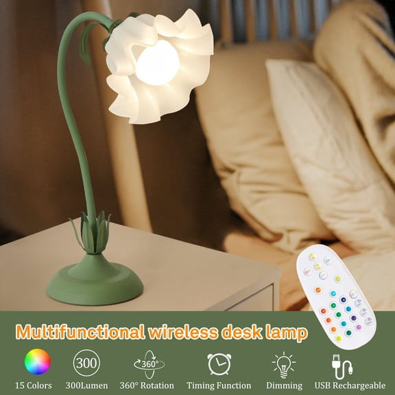 Keyinest Flower Table Lamp with RGB Rechargeable Bulb, Flexible Dimmable Color Changing Lamp with Remote Control for Bedroom, Living Room and Home Decor