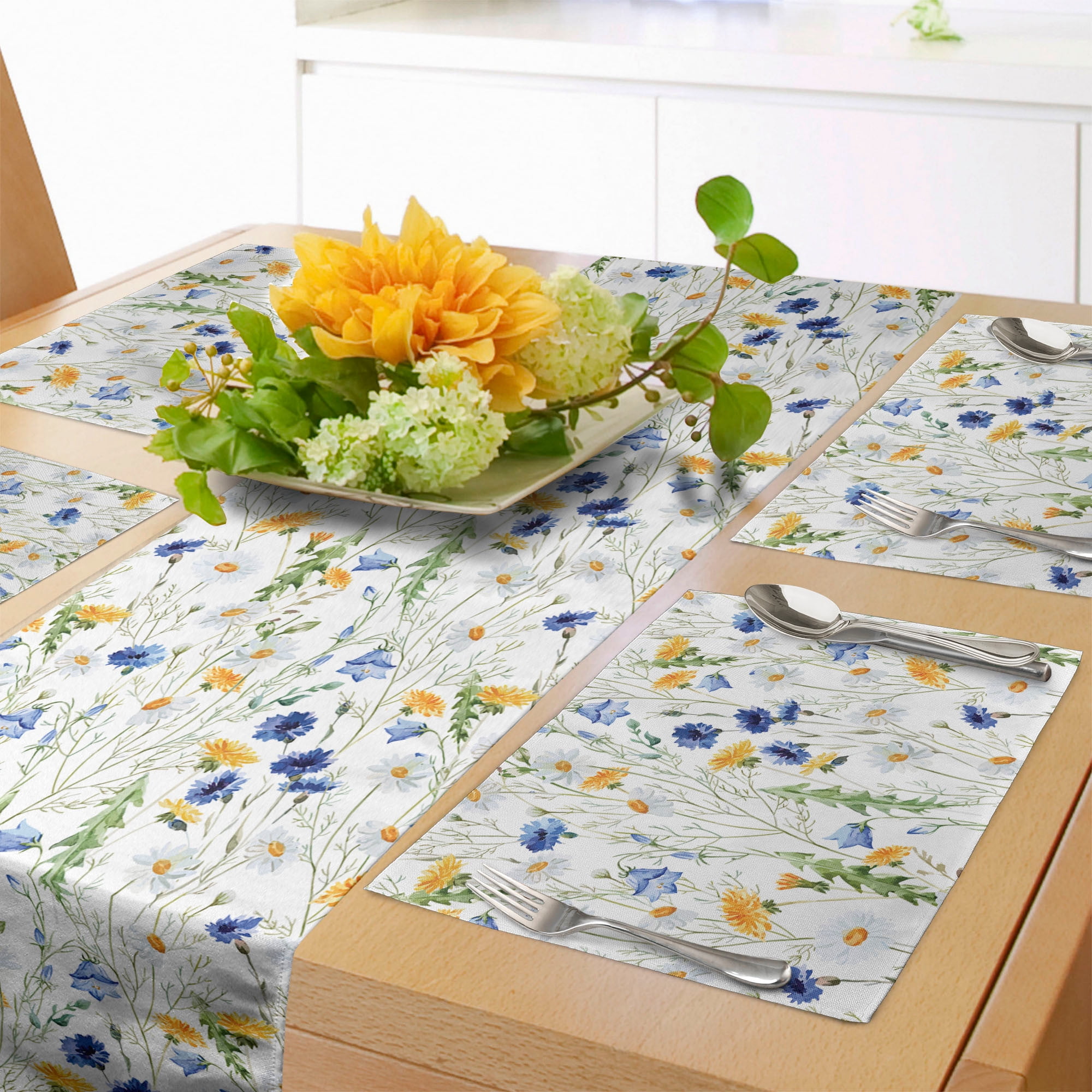 Flower Table Runner & Placemats, Wild Flowers Poppies and Daisies Rural