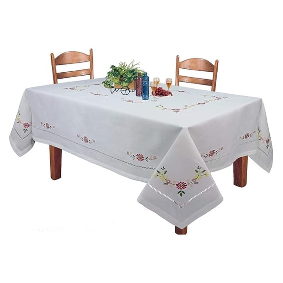 Flower Tablecloth 70x120 Rectangular, Hemstitched Embroidered Table Cover White, Linen Look Dining Tablecloth for Everyday Use & Holiday Decor