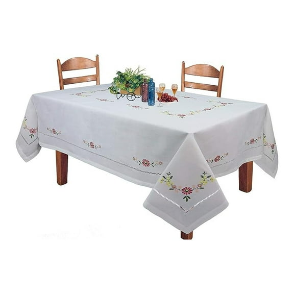 Flower Tablecloth 70x140 Rectangular, Hemstitched Embroidered Table Cover