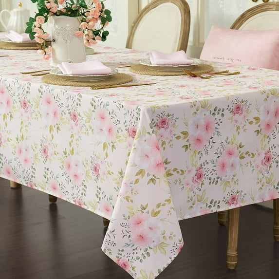 Flower Tablecloth, Pink Floral Table Cloth for Rectangle Tables,Waterproof Resistant Durable Rose Table Cover for Valentines,Parties,Wedding Use Spring/Summer (60 X 120 Inch)