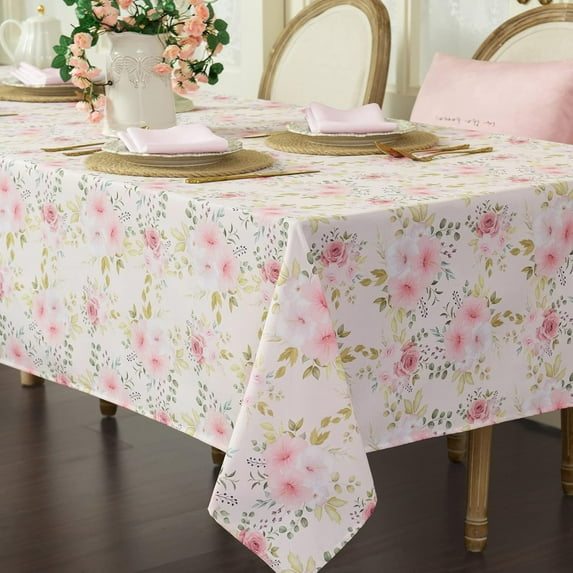 Flower Tablecloth, Pink Floral Table Cloth for Rectangle Tables,Waterproof Resistant Rose Table Cover for Valentines,Parties,Wedding Use Spring/Summer (60 X 84 Inch)