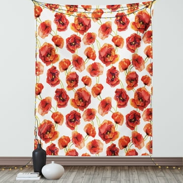 Flower Tapestry, Floral Pattern with Poppies Fabric Design Style Artwork Grassland Print, Wall Hanging for Bedroom Living Room Dorm Decor, 60W X 80L Inches, Red Scarlet and White, by Ambesonne