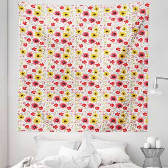 Flower Tapestry, Springtime Poppy with Brushstroke Effects Butterflies Pastel Season, Fabric Wall Hanging Decor for Bedroom Living Room Dorm, 5 Sizes, Multicolor, by Ambesonne