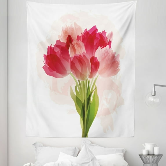 Flower Tapestry, Watercolor Painting Bouquet of Tulip Flower Botanical Romantic Print, Fabric Wall Hanging Decor for Bedroom Living Room Dorm, 5 Sizes, Pink Coral Green, by Ambesonne
