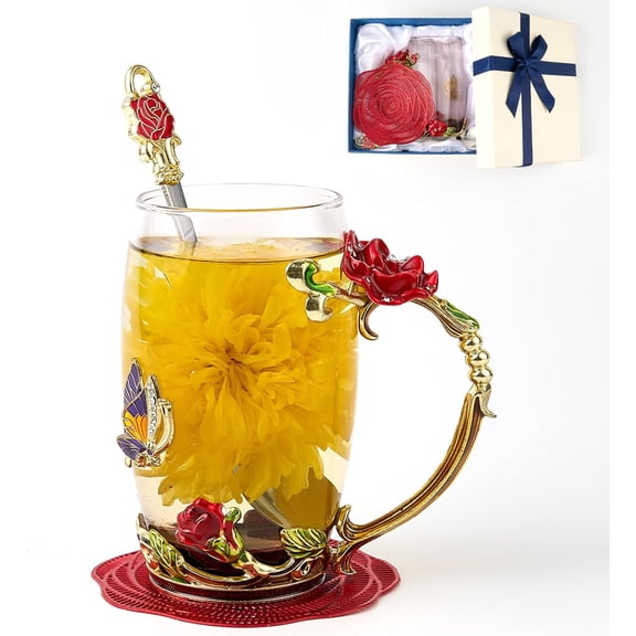 Flower Tea Cup ,Butterfly Rose Clear Glass Fancy Coffee Mug with Spoon,Gift Box for Her Mom Wife Grandma Girls Friends Valentines Christmas Birthday Present Idea for Juice,Hot And Cold Drinks Use