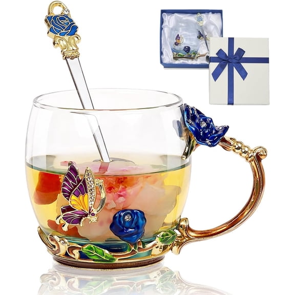Flower Tea Cup,Butterfly Rose Clear Glass Fancy Coffee Mug with Spoon,Gift Box for Her Mom Wife Grandma Girls Women Christmas Birthday Present Idea for Juice,Hot And Cold Drinks Use