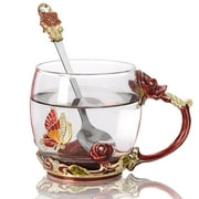 Flower Tea Cup Glass Coffee Mugs with Spoon, Valentines Day Gifts for Wife and Mother, Personalized Gifts for Gift Mother's day, Valentine's Day (11oz)