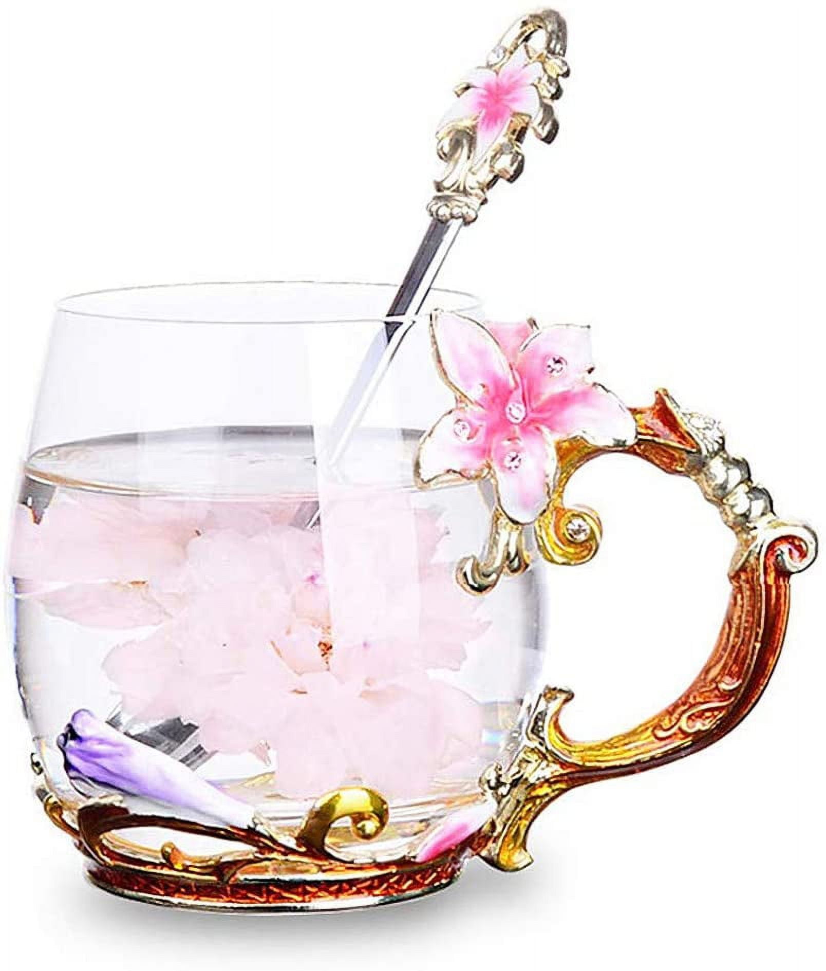Flower Tea Cups,Lead Free Handmade Glass Tea Cup Mug with Handle and
