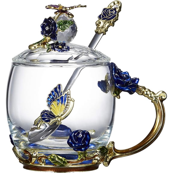 Flower Teacup Transparent Glass Teacup, (With Spoon + Lid), Fancy Tea Cups, Flower Tea Cup,Tea Cup Gift, Gifts for Women,Mother's Day PresentGift Box. (Rose Blue Short Cup)