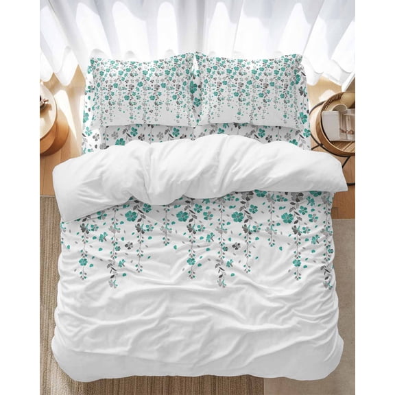 Flower Teal Bedding Duvet Cover Set King Size 4 Pieces Grey Cherry Blossoms White Background Bedding Set with Zipper Closure, 1 Comforter Cover 92x106 Inches 1 Flat Sheet & 2 Pillow Cases