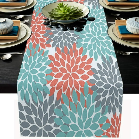 Flower Teal Coral Gray Table Runner for Family Dinner/Wedding/Outdoor Indoor Party Table Decorations 13x72inch