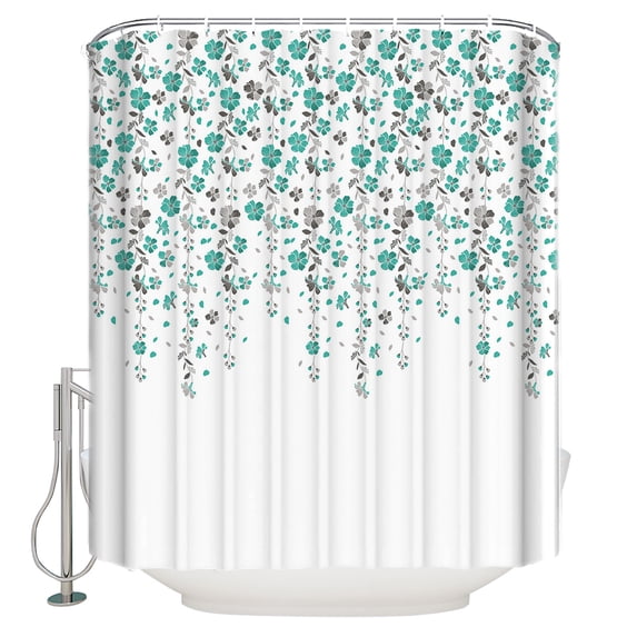 Flower Teal Shower Curtain, 72" x 72", Grey Cherry Blossoms White Background Waterproof Bathroom Curtain Washable Shower Curtain Set with 12 Hooks