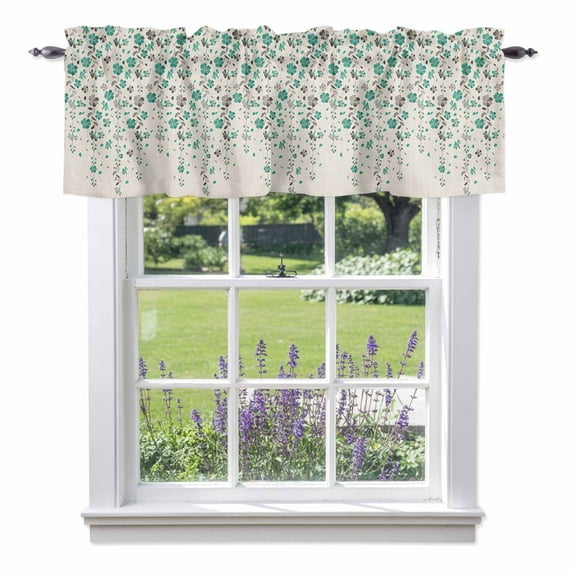 Flower Teal Valance Curtain Grey Cherry Blossoms Cotton Linen Background Window Valances Rod Pocket Short Curtains Window Treatments for Kitchen Bedroom Bathroom Laundry 54" x 18"