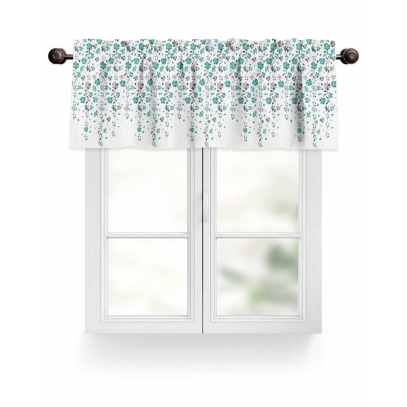 Flower Teal Valances for Windows Grey Cherry Blossoms White Background Valance Rod Pocket Light Filtering Short Window Treatments Curtains for Kitchen Bathroom Living Room Bedroom, 42 x 12 Inch