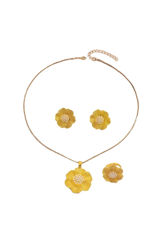 Flower Theme Jewelry Set Alloy Necklace Earrings Ring Matching Set Charming Jewelry Alloy Texture for Fashion Lover