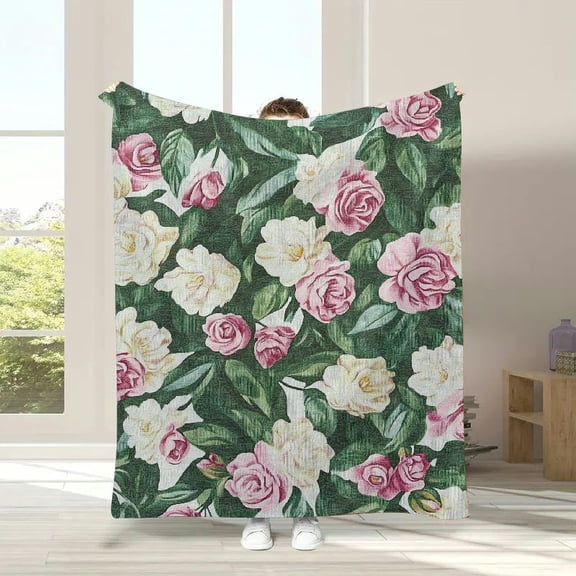 Flower Throw Blanket, Roses Rosebuds Leaves Bouquet Flower Arrangements Bridal Victorian Style, Flannel Accent Piece Soft Couch Cover for Adults, White Pink