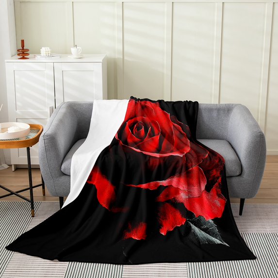 Flower Throw Blanket Twin 60x80 Women Couple,Rose Blossom Blanket for Sofa Bed Couch,Red Black Floral Flannel Blanket,Romantic Valentine Day Fleece Blanket Soft Microfiber