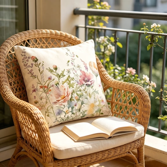 Flower Throw Pillow Covers 18X18 Inch Butterfly Wildflower Outdoor Farmhouse Spring Summer Decor Square Cottagecore Decorative Cushion Case Decoration For Sofa Couch Living Room