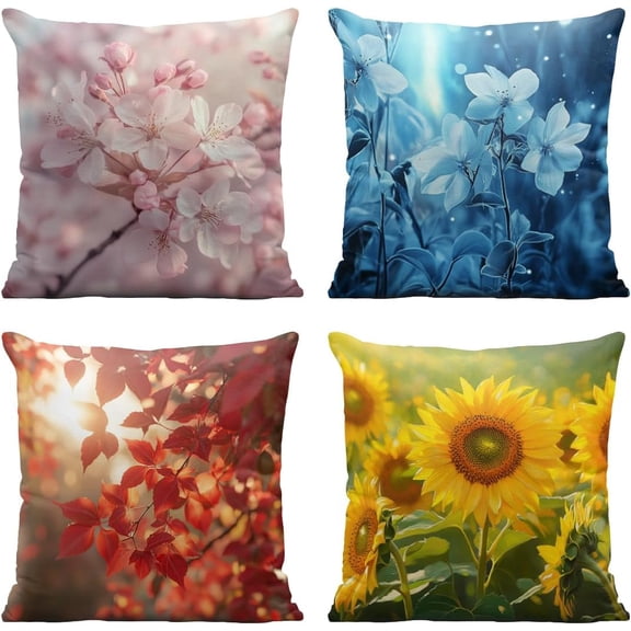 Flower Throw Pillow Covers 18x18 Inch Set of 4 Season Floral Cherry Maple Leave Sunflower Decorative Throw Pillow Case Cushion Case for Sofa Couch Outdoor Decor