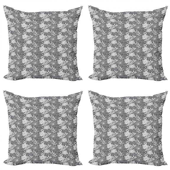 Flower Throw Pillow Cushion Case Pack of 4, Abstract Outline Style Continuous Floral Pattern with Leafy Branches, Modern Accent Double-Sided Print, 4 Sizes, Dark Purple Grey White, by Ambesonne
