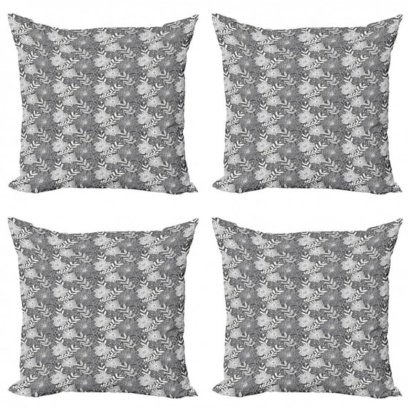 Flower Throw Pillow Cushion Case Pack of 4, Abstract Outline Style Continuous Floral Pattern with Leafy Branches, Modern Accent Double-Sided Print, 4 Sizes, Dark Purple Grey White, by Ambesonne